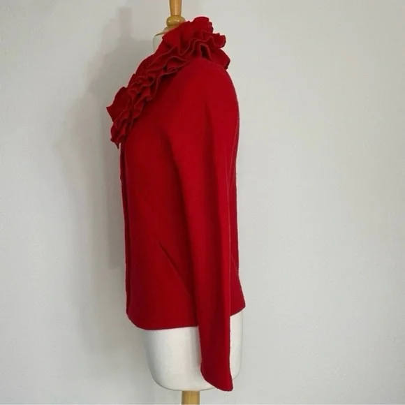 Fever Red Ruffle Collar Button Front 100% Wool Cardigan Sweater Size Small Retro - Picture 3 of 16